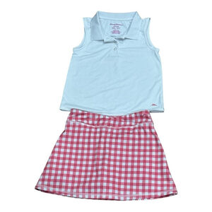 Tommy Bahama Outfit Set Girls 5-6 White Polo Shirt Pink Gingham Skort Active
